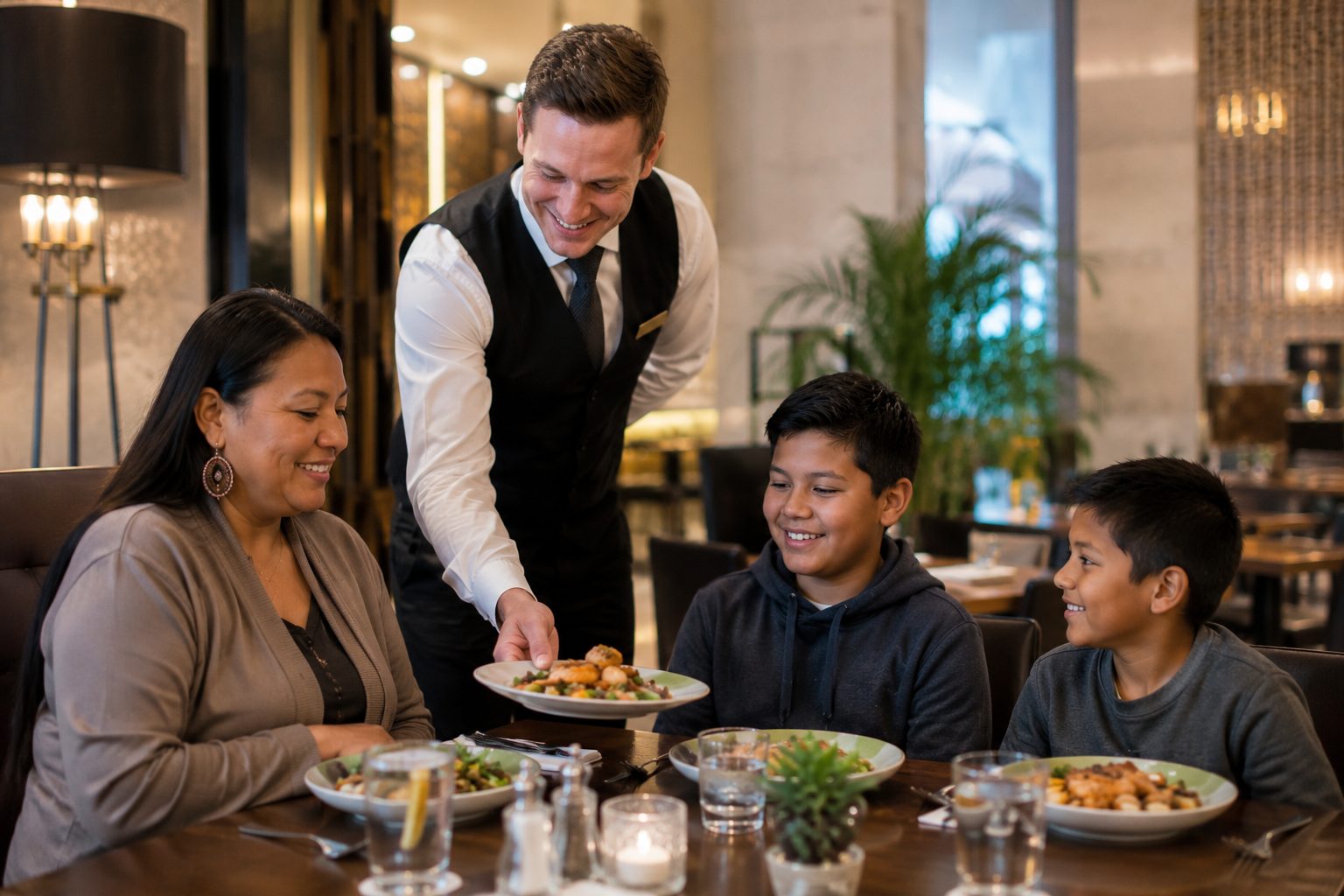 Serveur souriant servant une famille au restaurant d'un hôtel