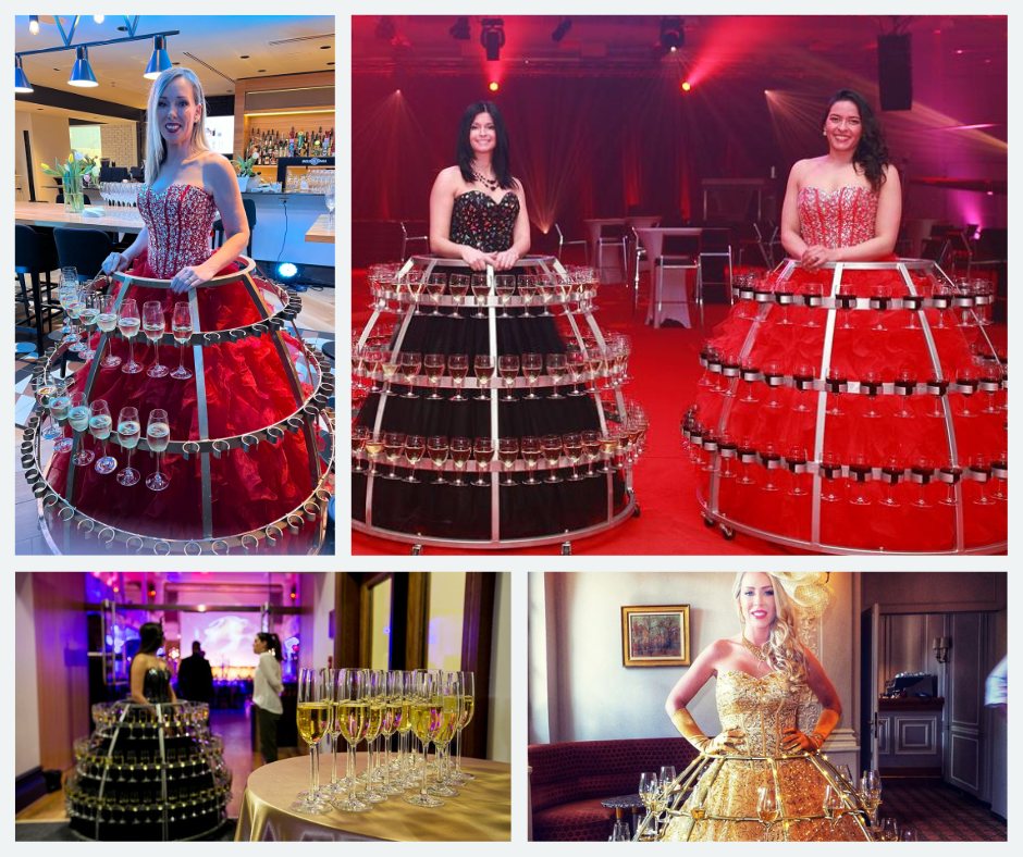 Structure robe champagne servant des flûtes à l'accueil d'un gala